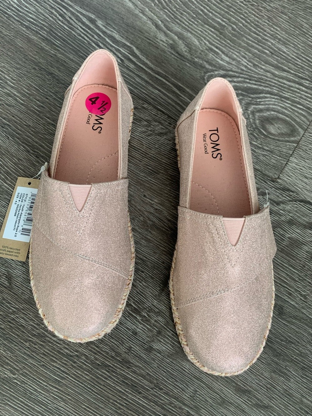 TOMS kids Rose Gold Metallic Espadrille Slip-Ons